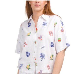 NWT C&C CALIFORNIA Linen Blend White Beach Printed Oversized Shirt